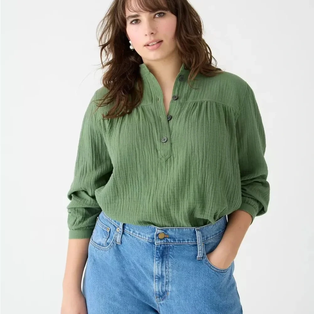 J.Crew Women's S Soft Gauze LS Fresco Top Popover Utility Green Retail $89 Boho - Picture 1 of 5
